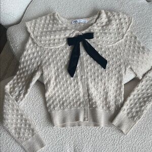 Zara Cream Knit Cardigan with Black Velvet Tie